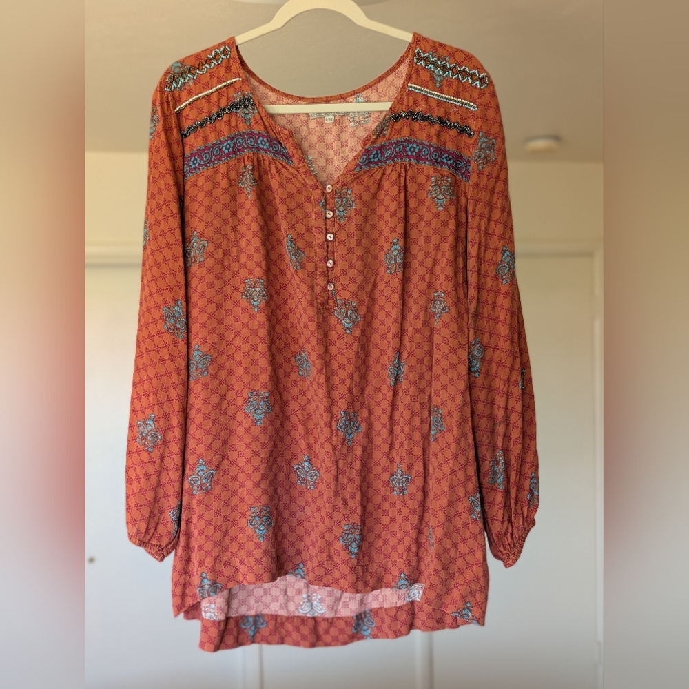 World Market Orange Relaxed Tunic 100% Rayon With Beaded Embroidery